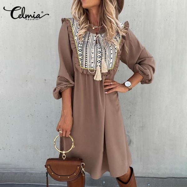 

casual dresses celmia vintage printed lace-up dress women's bohemian ruffles sundress 2021 spring patchwork long sleeve party vestidos, Black;gray
