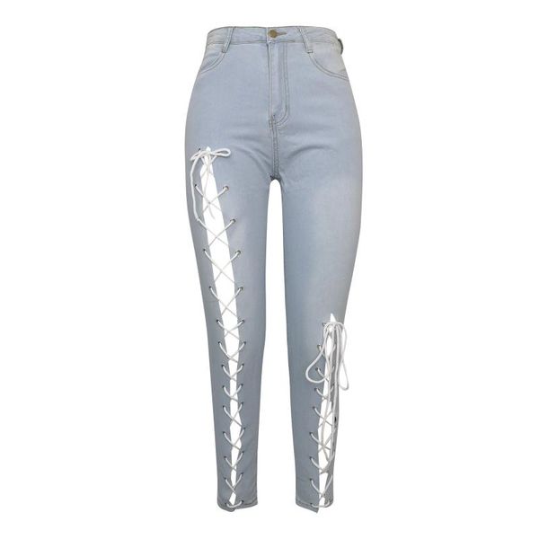 

women's jeans bandage pancil vintage high waisted pure slim cut burr short front and long back denim winter femme, Blue