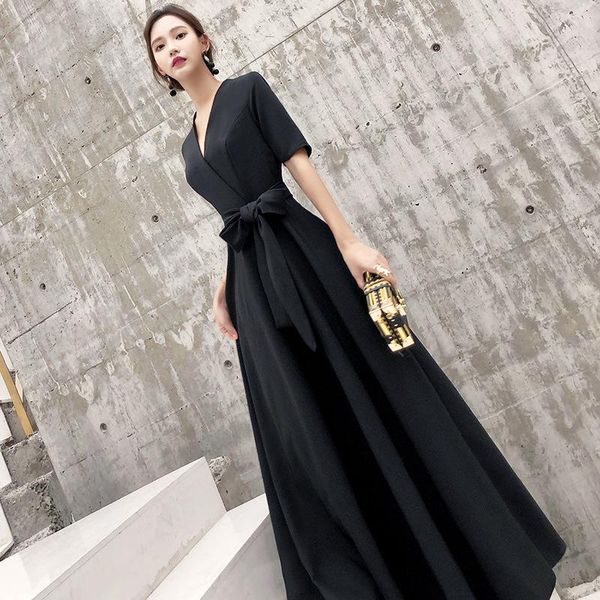 

ethnic clothing black short sleeve evening party dress solid high waist waistband celebrity gown women v-neck a-line vestidos de fasta, Red