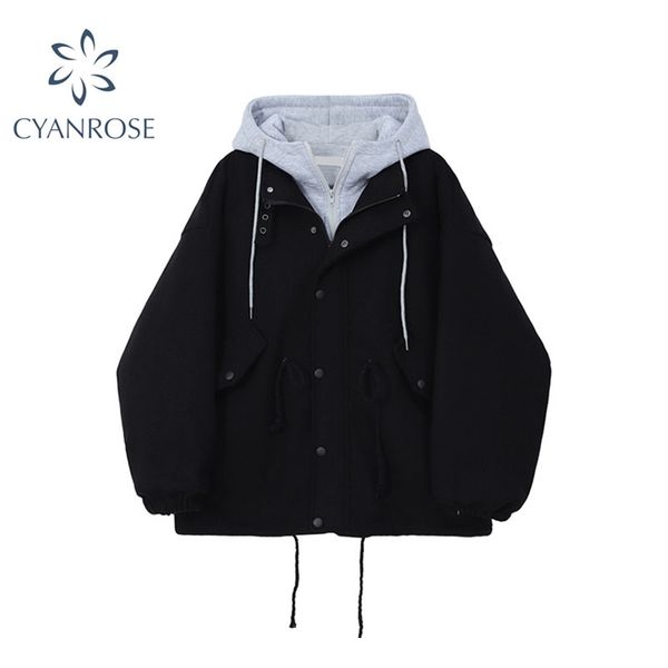 

women cotton padded parka outwear jacket patchwork hooded fake two piece oversize warm winter thicken casual female short coat 210430, Black;brown