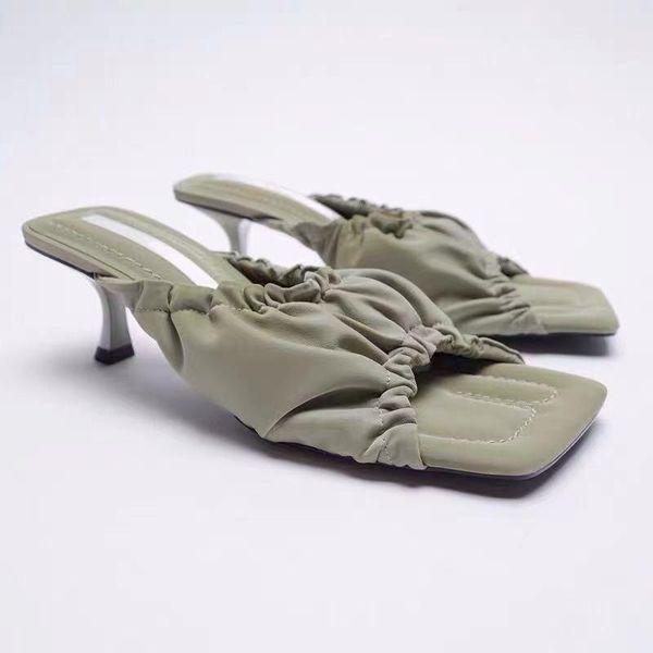 

dress shoes green square toe pleated upper high heel sandals open back hollow stiletto heels, Black
