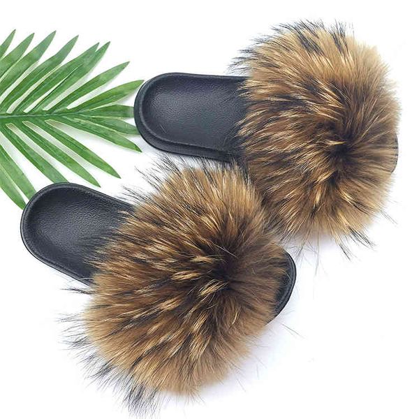 

non slip fur slides raccoon fur slides womens luxury brand fur slippers, Black