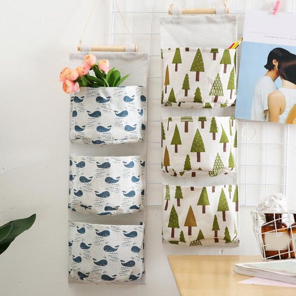 

storage bags wall mounted bag with 3 pockets linen fabric waterproof door closet hanging organizer for bedroom bathroom