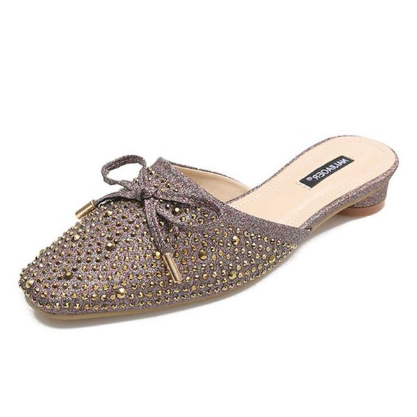 

slippers 2021 summer flat bottom wear wild rhinestone bow women's square lazy small size shoes a098, Black