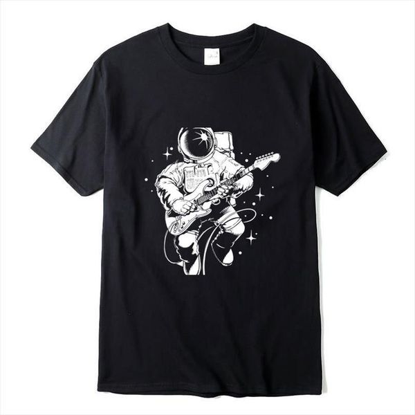 

xin yi casual men t shirt 100%cotton short sleeve funny astronaut plays guitar print mentshirt o neck, White;black