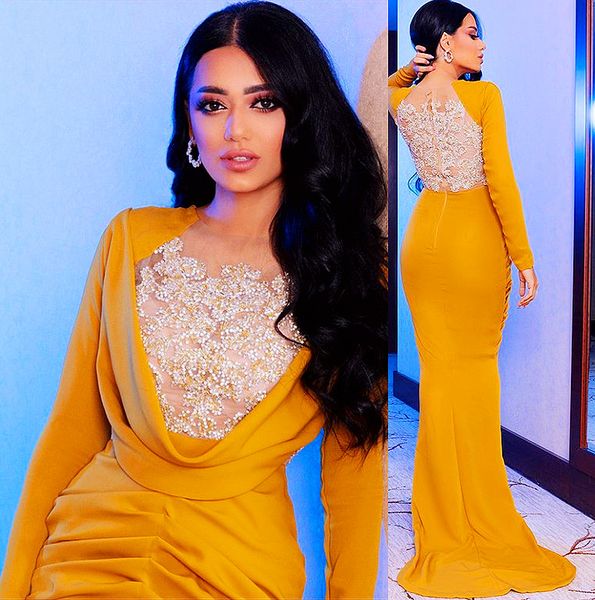 

2021 plus size arabic aso ebi yellow mermaid prom dresses lace beaded sheer neck chiffon evening formal party second reception bridesmaid go, Black