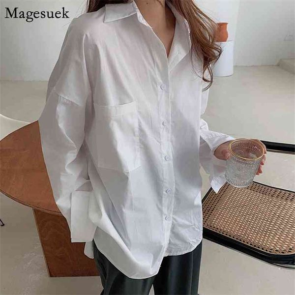 

spring back straps women shirts pocket loose oversized shirt blouses cotton casual ladies solid 12655 210512, White