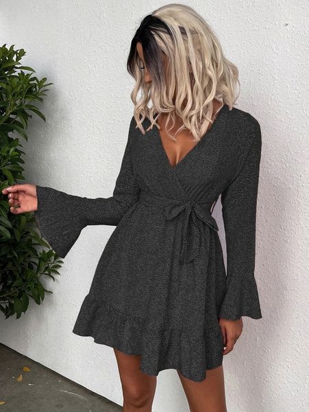 

allover print flounce sleeve ruffle hem belted dress q2pp#, Black;gray