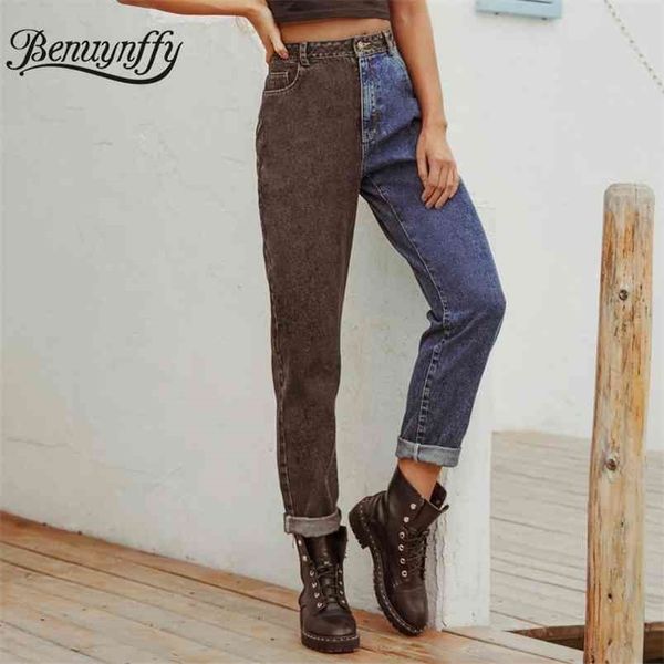 

vintage color block woman jeans autumn winter fashion street style washed denim pants women high waist 210510, Blue