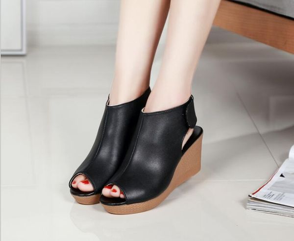 

sandals women summer wedge female slope fish mouth platform bohemia high heel fashion ankle strap open toe ladies shoes, Black