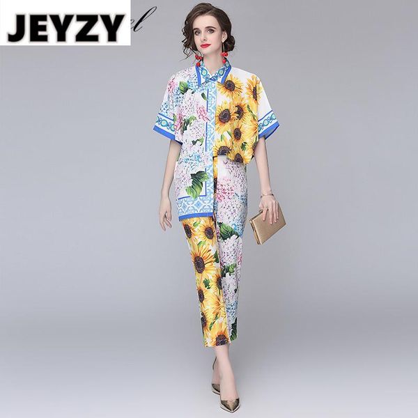 

women's two piece pants 2021 summer sunflower twinset bohemian floral print batwing sleeve loose shirts + pocket pencil long set, White