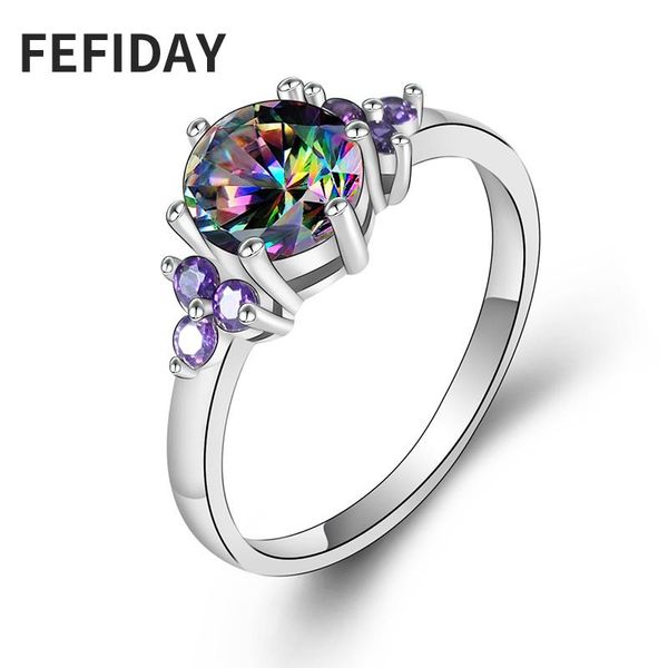 

cluster rings fefiday women's crystal woman wedding engagement ring with stone female fire opal zircon finger for women, Golden;silver