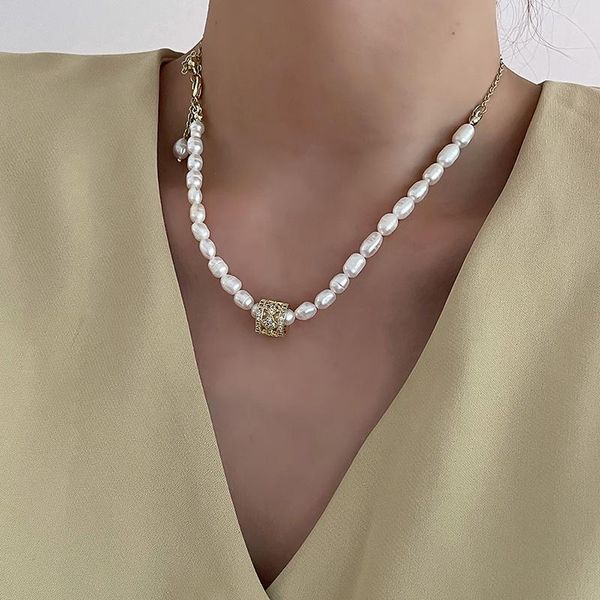 

chokers natural pearl necklace cubic zirconia pendant choker for woman charm irregular freshwater jewelry wedding party, Golden;silver