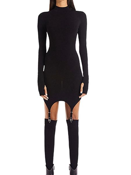 

casual dresses hook socks dress 2pcs women autumn clothes set solid color high collar long-sleeves tight-fitting stockings outfits, Black;gray