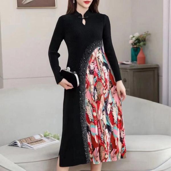 

casual dresses autumn chinese style vintage print beading improved cheongsam women elegant stand collar retro midi dress ladies, Black;gray
