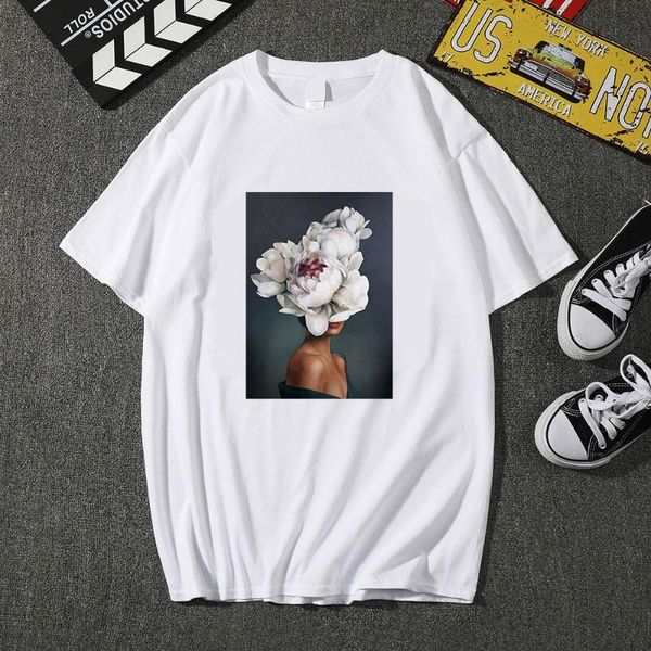 

cotton harajuku aesthetics woman tshirt flowers feather print short sleeve & tees fashion casual couple t shirt women's t-shirt, White
