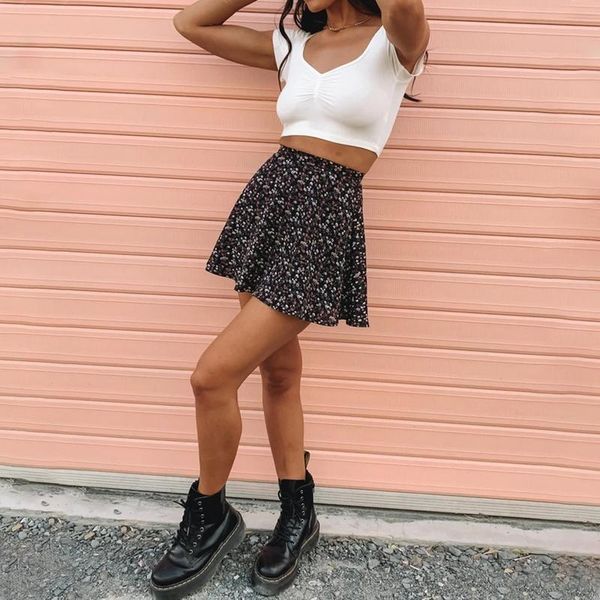 

summer floral short skirt elastic high waist printing design casual sweet fresh chic skirts, Black