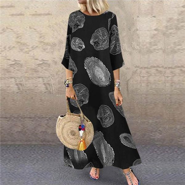 

casual dresses women's vintage long with three-quarter sleeves retro cotton and linen printed dress harajuku ankle length, Black;gray