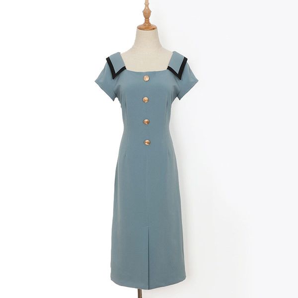 

women green vintage button short sleeve knee length dress d1062 210514, Black;gray