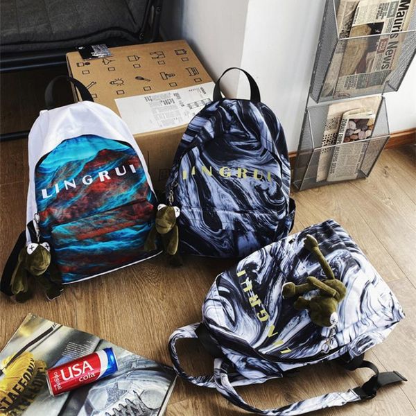 

women's korean style canvas backpack fashion printing bag large capacity backpacks book black white