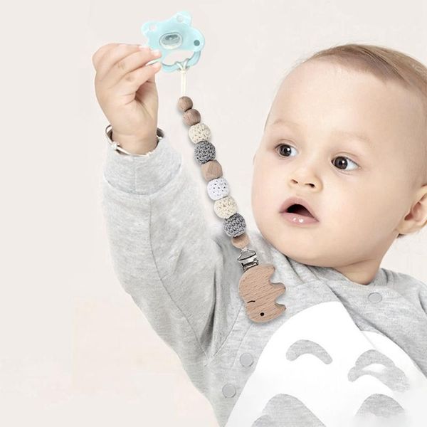 

pacifiers# cartoon baby pacifier chain beech wood infant clip wool teething beads soother chew toys dummy nipples holder
