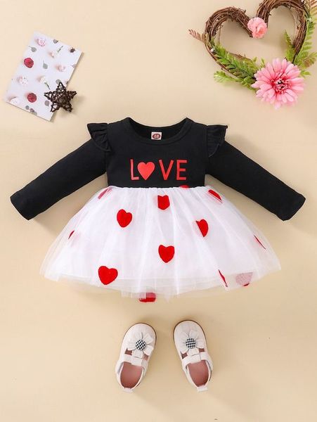 

baby heart & letter graphic ruffle trim mesh hem dress she, Red;yellow