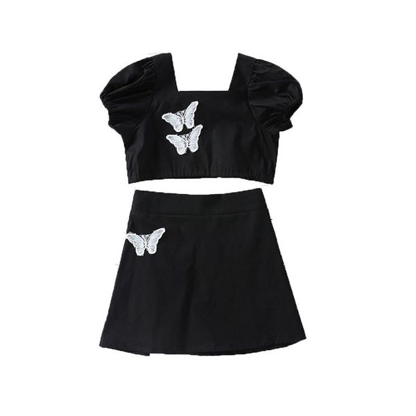 

girl set 2021 summer 2-6y baby girls clothes short sleeves + skirt square collar butterfly embroidery decoration clothing sets, White