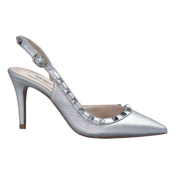 

women's formal shoes v family spring rivet slotted buckle high heels sier pointed thin heel liuding single sho leather sandal, Black