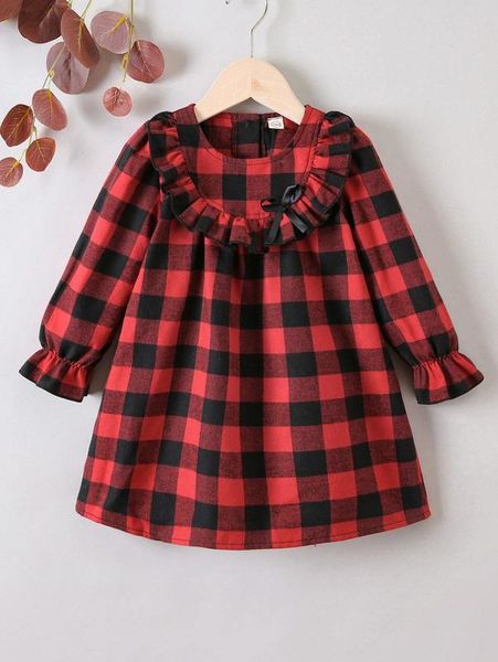 

toddler girls ruffle trimed gingham dress she, Red;yellow