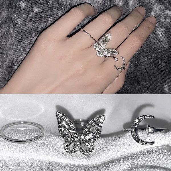 

fashion open cuffs inlaid zircon crystal moon butterfly ring set female luxury sparkling cocktail wedding party gift cluster rings, Golden;silver