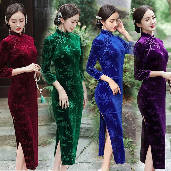 

ethnic clothing shanghai story 3/4 sleeve velvet qipao bamboo embriodery chinese dress long cheongsam for women autumn winter 4 color, Red