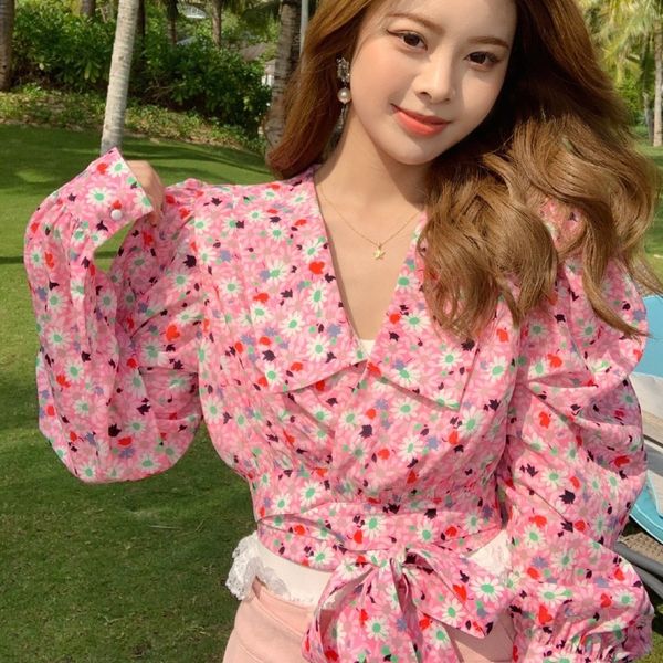Корейский стиль весенние блузка женщины розовый цветок слойки топ женские дамы элегантный питер Pan воротник кружев ног шикарная блузка 210518