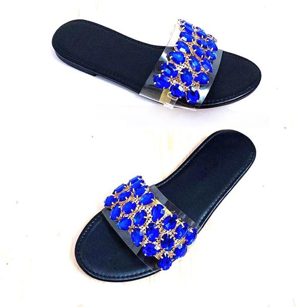 

design blue diamond rhinestone women slides large size 36-42 outdoor ladies casual flat soled slippers leisure beach sandals, Black
