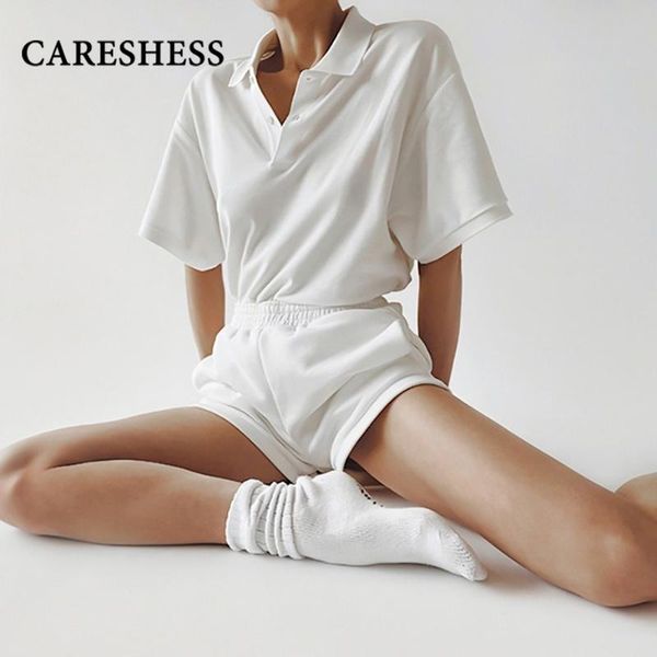 

women's tracksuits careshess casual white fashion short sleeve suit oversize summer knitted lapel shirt shorts set women office, Gray
