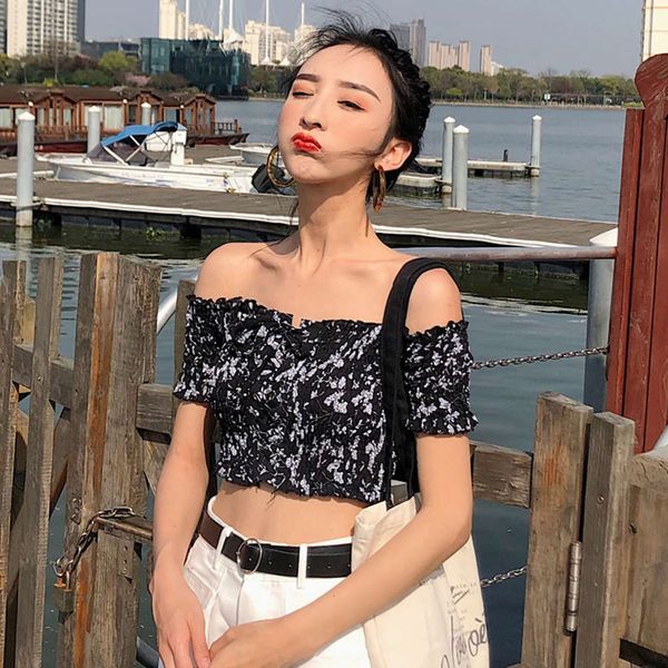 

casual dresses summer women's wear small frh floral off pleated one shoulder lace up top, Black;gray