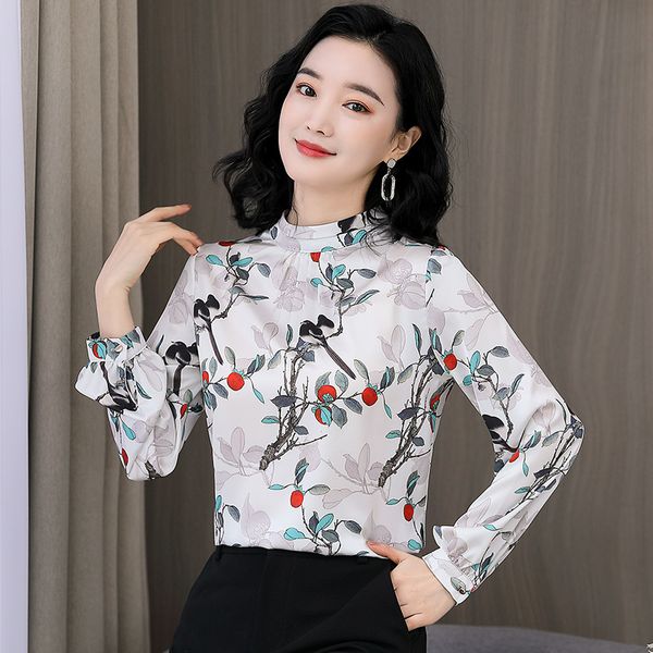 

korean silk blouse women satin s shirts long sleeve plus size woman floral v-neck print 210427, White