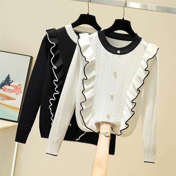 

jxmyy small fragrant button color matching ruffled ice silk long-sleeved sweater women's round neck fungus bottoming shirt 210412, White;black