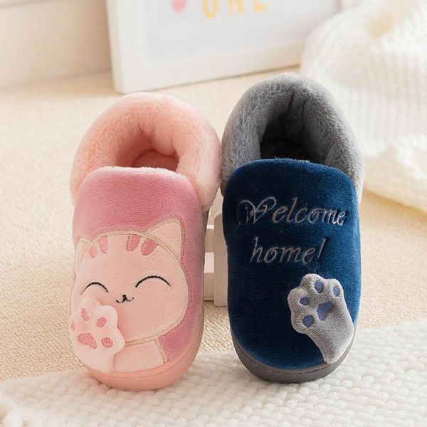 

slipper kids baby boys girls winter slippers cartoon cat non-slip home indoors shoes cotton warm soft sole plush shoe, Black;grey