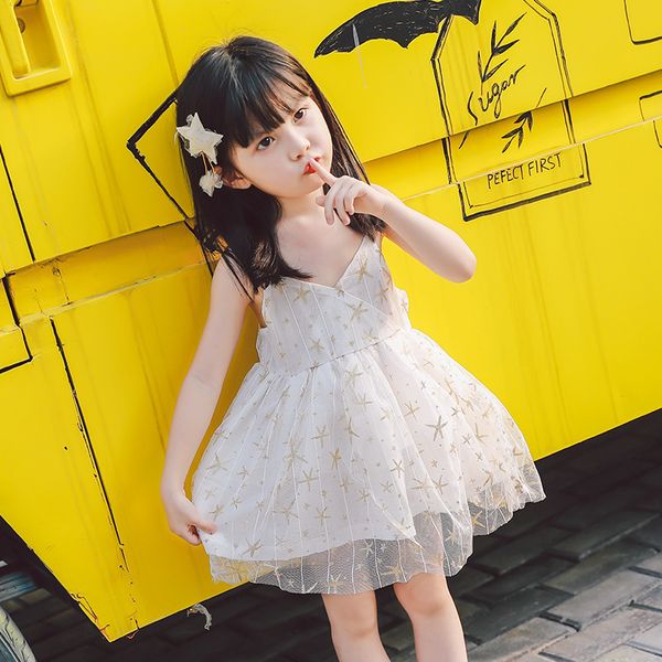 

v-neck star print princess dress summer girl suspender net yarn party toddler kid clothes children 210515, Red;yellow