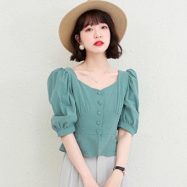 

women's t-shirt retro romantic elegant puff sleeve shirt women 2021 summer korean fashion sweet short, White