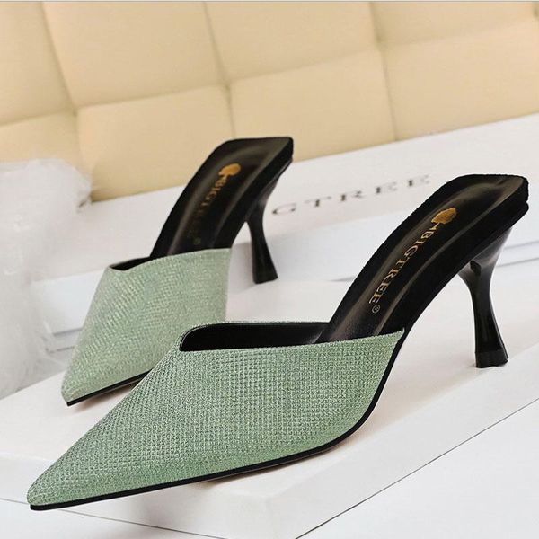 

slippers fashion baotou high-heeled pointed sparkle sequin cloth lazy simple silver green 7cm flip flops women 2021, Black