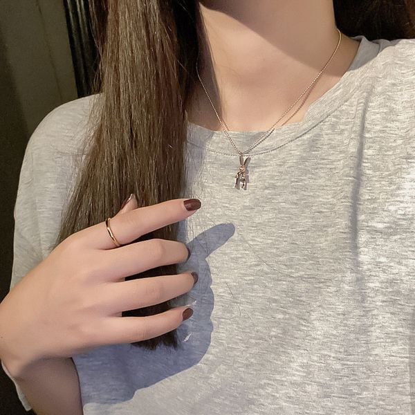 

titanium steel movable rabbit necklace women's simple temperament personality mechanical rabbit clavicle chain net red versatile neck c, Black