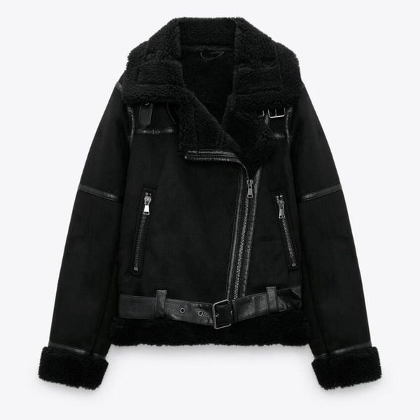 

women's leather & faux winter women pu jacekt streetwear female suede lapel thick warm coat with belt moto biker black outwear