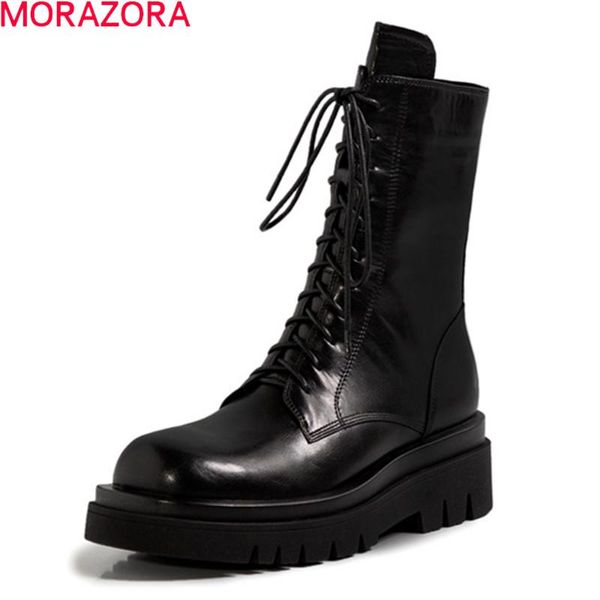 

boots morazora 2021 genuine leather square heels round toe lace up ankle for woman autumn winter women black