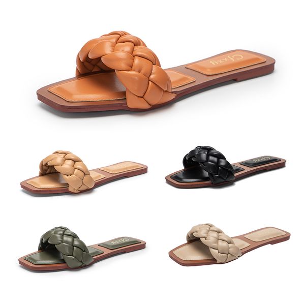 

lady square head slipper woven vamp soft bottom flip flop pu sandals woman flat shoes open-toed slippers summer sandals, Black