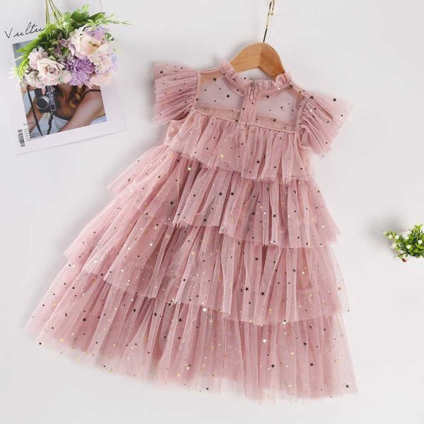 Costume natalizio per ragazze Abito da principessa in pizzo Bambini Manica corta Estate Abbigliamento con paillettes Bambini Capodanno Festa di compleanno Abito rosso Q0716