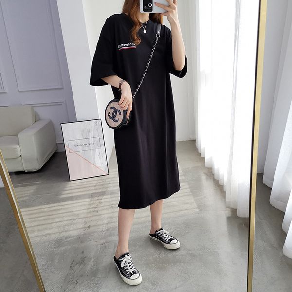 

brand t shirt and polos long t-shirt women's over knee short sleeve loose large cotton lazy version hip medium long dres, White