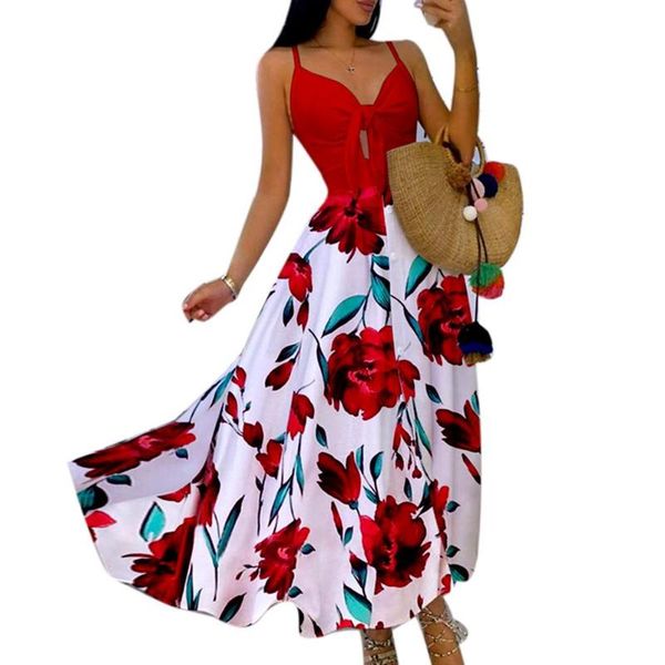 

fashion women v neck peacock floral print large hem chest knot sling long dress twisted stitching casual dresses, Black;gray