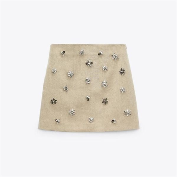 

women chic fashion handwork man-made jewelry inlay mini skirt vintage high waist side zipper female skirts mujer 220310, Black