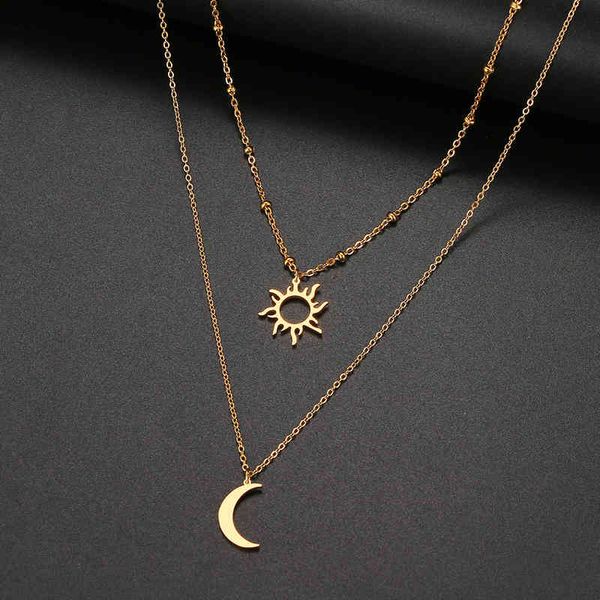 

stainless steel fashion pendant multi-layer style sun totem moon beaded chain necklace for women jewelry party friend, Silver